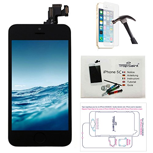 Trop Saint Pantalla Completa Compatible con iPhone 5C Negro - Kit de reparación LCD Guía 5 lenguas, Superficie de Trabajo magnética, Herramientas, Film Protector - Vidrio Templado