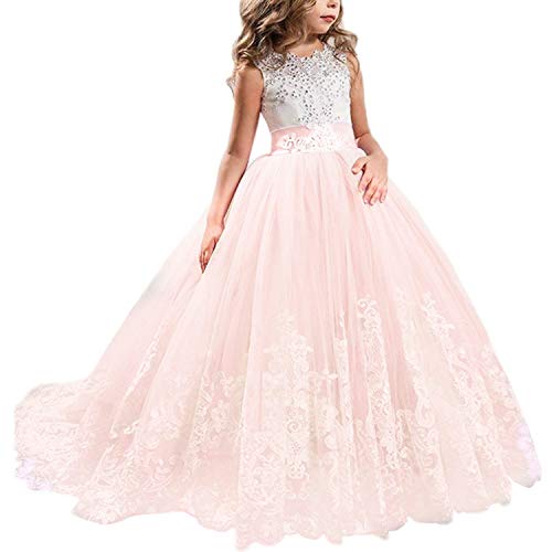 TTYAOVO Vestido de Novia Princesa de Encaje hasta el Suelo para Niñas Vestidos de Tul Talla140 (8-9 Years) 406 Rosado