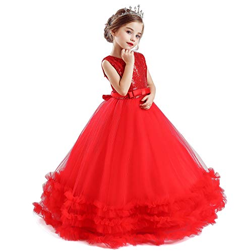 TTYAOVO Vestido Elegante de Fiesta Ceremonia para Niñas Vestido Formal de Niña Bautizo Princesa Boda Vestido de Cumpleaños Tamaño(120) 4-5 Años 08 Rojo