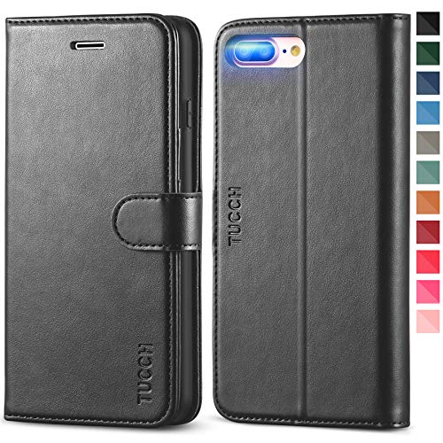 TUCCH Funda iPhone 8 Plus, Funda Piel iPhone 7 Plus con Garantía de por Vida, Cáscara de TPU, Soporte Plegable, Ranura para Tarjeta, Cierre Magnético, Funda Cuero PU para iPhone 8 Plus/7 Plus, Negro