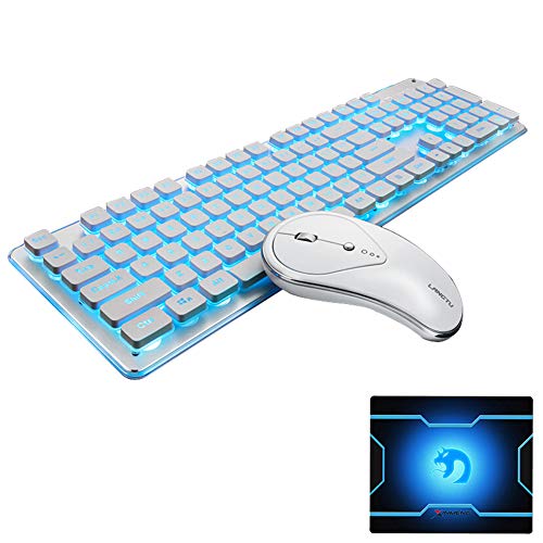 UrChoiceLtd Combo de teclado y ratón inalámbricos recargables Resistente al agua 2.4GHz Blanco / azul con retroiluminación y ratón inalámbrico sin sonido con receptor USB nano para pc Mac (blanco)
