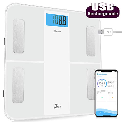 Uten Báscula de Baño Inteligente Recargable Bluetooth Báscula de Grasa Corporal con Analizador de Cuerpo Para Medición del Peso Corporal, Grasa Corporal, IMC, etc, 28st / 180kg / 400lb, Blanco