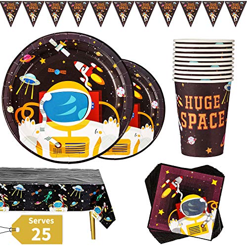 Vajilla para Fiesta Espacial 177 Piezas Tema Espacio Astronauta Planeta para Cumpleaños de Niños Incluye Platos Vasos Servilletas Mantel Pancarta, 25 Invitados
