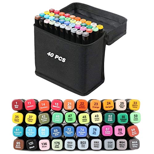 Vallteng Rotuladores permanentes de 40 colores para arte con doble marcador de punta ancha y fina, diseño de animación negro para dibujar colorear con bolsa negra
