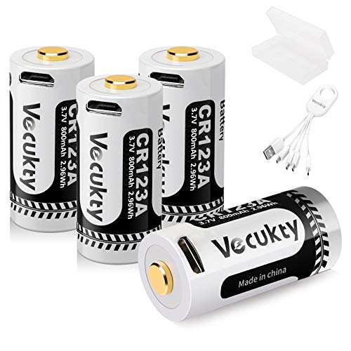 Vecukty CR123A Pilas Recargables 4PCS Li-Ion Baterías 3.7V 800mAh, Se Carga por Micro USB, Compatible con Arlo Cámara, Linternas, Juguetes, Micrófono