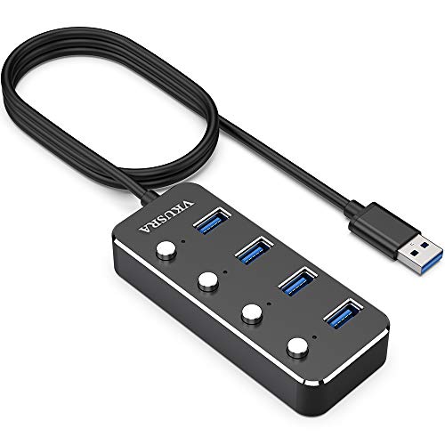 VKUSRA USB 3.0 Hub, 4 Puertos Ultrafino de Aluminio USB Hub de Datos con Cable de 1,2m, Botón Encender/Apagar Individuales y Leds Compatible con Mac, Windows, iOS, Android, Vista, Linux y más