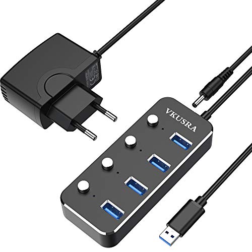 VKUSRA USB Hub 3.0, 4 Puertos Ultrafino de Aluminio USB Hub de Datos con Alimentación Externa 5V/2A, Botón Encender/Apagar Individuales y Leds para Windows XP/Vista/7/8, Mac OS, Linux y más