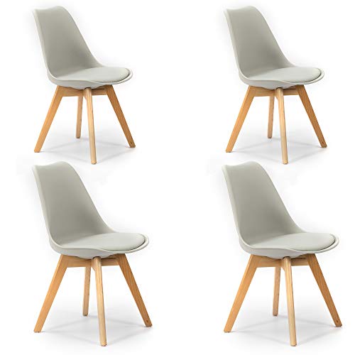 VS Venta-stock Pack 4 sillas Klara Gris, Pata Madera y Asiento Acolchado, Estilo nórdico