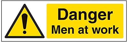 VSafety Signs 67074AX-S - Letrero de advertencia para construcción con texto en inglés «Danger Men At Work», autoadhesivo, horizontal, 300 mm x 100 mm, color negro/amarillo