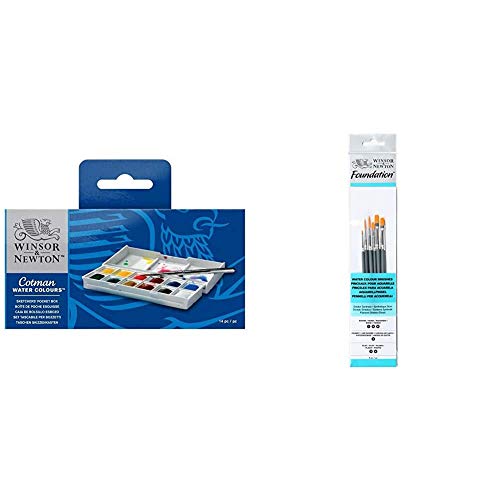 Winsor & Newton Sketcher Cotman Caja plástica de acuarela, 12 medio Godet + Pinceles de Acuarela, Madera, Multicolor, 7 x 1 x 4.3 cm, 6 Unidades