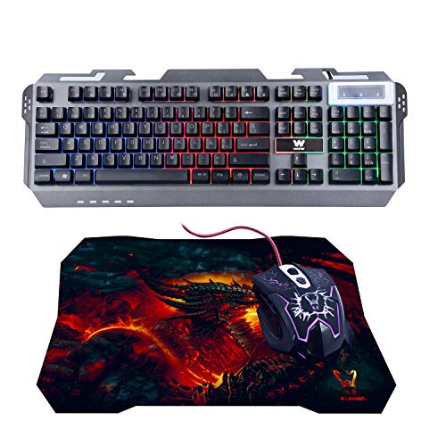 Woxter Stinger FX 80 Kit - Kit de accesorios gaming con teclado retroiluminado con base metálica,ratón óptico con resolución ajustable(800/1200/1600/2000 DPI) y alfombrilla de microfibra 25x21