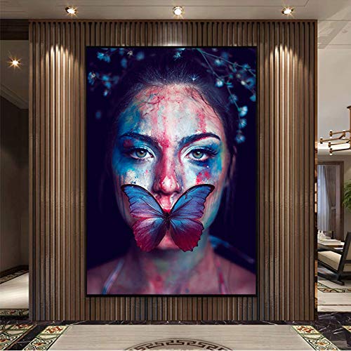 wZUN Pintura de Lienzo Mujer Sexy con Boca lesionada y Cartel de Mariposa e impresión Mural decoración de la Sala de Estar Cartel de Pintura 60x90 Sin Marco