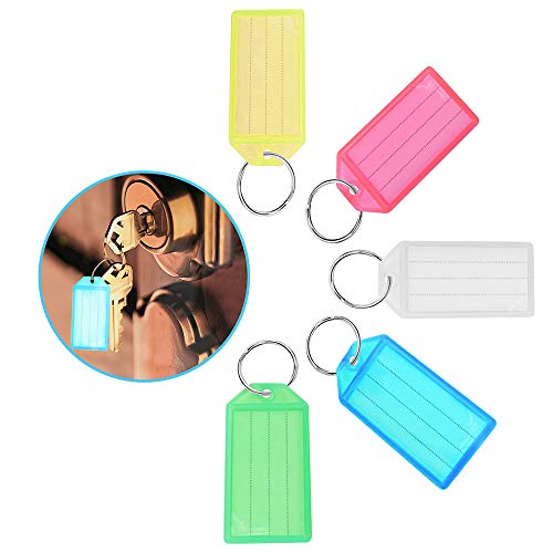 XCOZU - Juego de 20 llaveros de plástico de colores para llaves con etiquetas de identificación de nombre de la llave, equipaje, mascota y bolsa, etiquetas de papel para escribir con llaves divididas