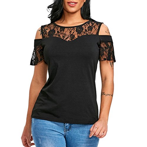 Yeamile Camiseta de Mujer Tops Suelto Blusa Causal Camisetas Ocasionales Camiseta Negra de Las Mujeres Moda Blusa de Manga Corta O-Cuello Flor Tops de Encaje (Negro, XL)