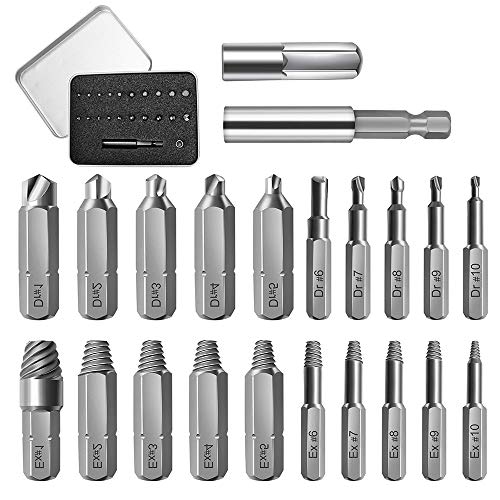 Yideng Juego de extractor de tornillos dañados y extractores de tornillos rotos con soporte de extensión magnético y adaptador de enchufe para quitar tornillos (22pcs )