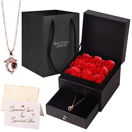 Yodeace Rosa Eterna, Jabón de Flores Eternas Caja de Joyería de Rosas con Collar de Delfines Regalo Romántico para Esposa, Novia, Madre En El Aniversario de San Valentín, Día de La Madre