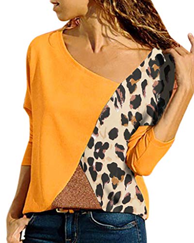 YOINS - Camiseta de manga larga con cuello en V para mujer, diseño de bloque de color, informal, holgada, tipo túnica Leopardo-amarillo L