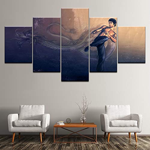 yuandp Imagen de Lienzo de Arte de Pared de póster Modular 5 Juegos de imágenes Bruce Lee Kung Fu dragón Pintura Moderna HD impresión decoración del hogar Marco