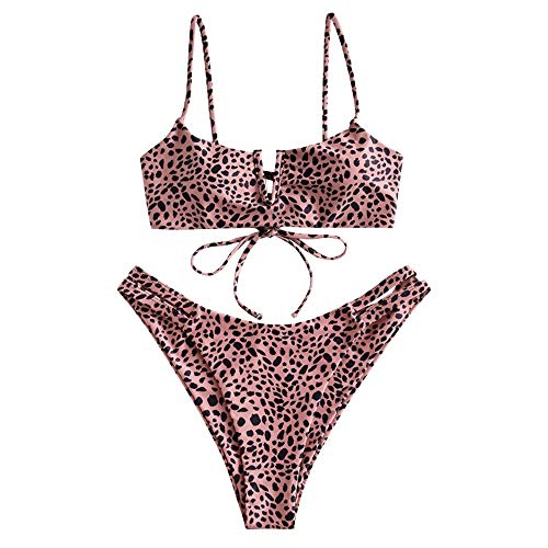Zaful Bikini sexy en forma de V con tirante fino y diseño de rayas Patrón de leopardo rosa. M