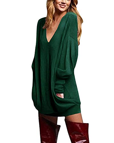 ZANZEA Jerseys de Punto Mujer Largos Cuello V Manga Larga Otoño Vestidos Sudadera Casual Tallas Grandes Suéter Suelta Verde L