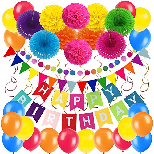 Zerodeco cumpleaños Decoraciones, Pancartas de Banderines de Happy Birthday Incluyendo Banner, Papel de Tejido Pom Pom Ball linternas, Flores, Cintas, Globos (Multicolor)