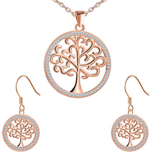 ZIRKONIA Colgante y Pendientes Mujer - Arbol de la Vida - Plata de Ley 925, Chapado Oro Rosa de 18K, Circonitas AAA (Set Colgante + Pendientes) ZIRKONIA Colgante y Pendientes Mujer - Arbol de la Vida - Plata de Ley 925, Chapado Oro Rosa de 18K, Circonitas AAA (Set Colgante + Pendientes)