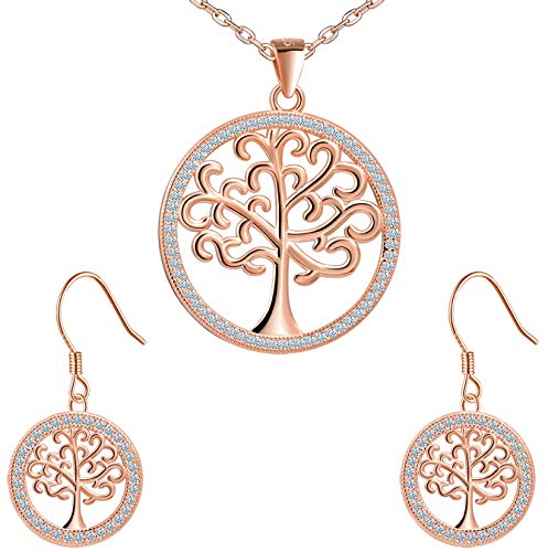 ZIRKONIA Colgante y Pendientes Mujer - Arbol de la Vida - Plata de Ley 925, Chapado Oro Rosa de 18K, Circonitas AAA (Set Colgante + Pendientes)