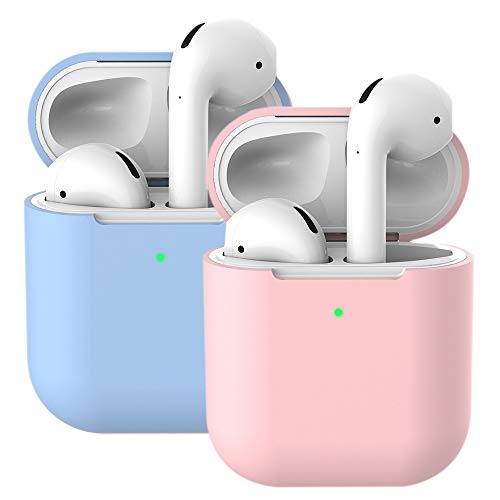 2X Funda Silicona Compatible con AirPods 2 & 1, Molylove Fundas Protectora de Silicona para AirPods, [LED Frontal Visible][Funciona con Carga inalámbrica] (AirPods 2, Rosado+ Cielo azul)