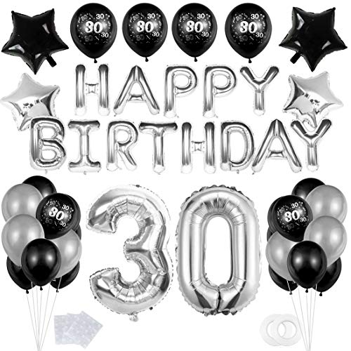 30 Decoración Fiesta Negro plata Cumpleaños,“Happy Birthday” Bandera Banner;Clásico Número 30 Globo;Balloon de Látex&Estrella para el Cumpleaños de 30 Años impresión para Niño Hombres Niña Mujer