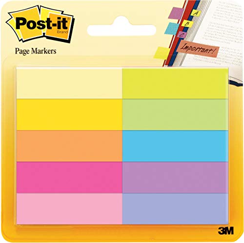 3M Post-It - Marcadores adhesivos para libros Pack 10 x 50 hojas – Notas adhesivas de papel de 12.7 x 44.4 mm – color surtido