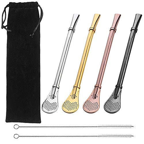 4 piezas Prima Cucharas Bombillas Yerba Mate Paja, Senhai Bebida Emocionante Cuchara Filtro de cabeza Sorbete con 2 cepillos de limpieza - 6.1", 4 colores