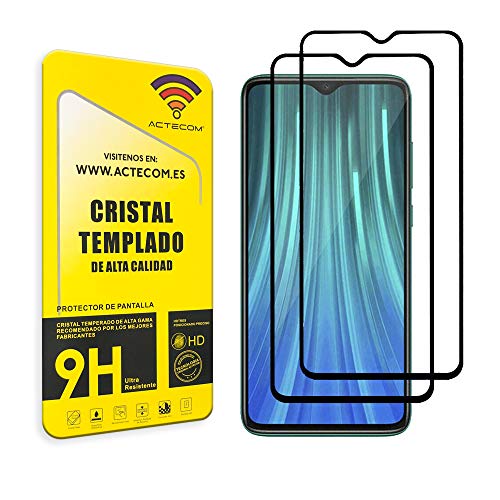 ACTECOM Pack DE 2 Protector de Pantalla Compatible con XIAOMI REDMI NOTE 8 PRO Negro Completa Cristal Templado 9H 2.5D (2 uds.)