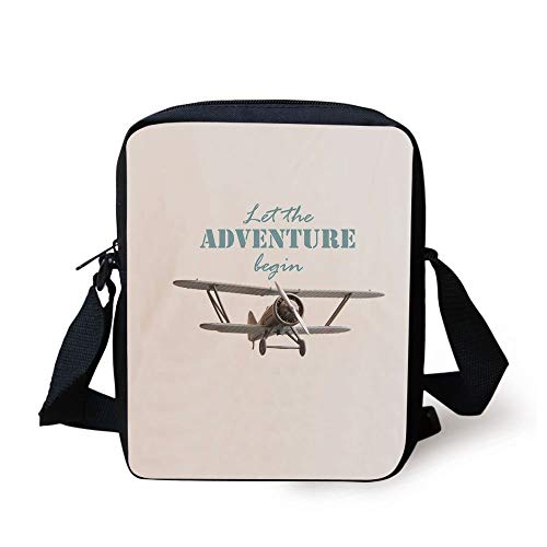 Adventure,Let The Adventure Begin Inscription and Biplane Tropical Summer Vacation Decorative,Cream Turquoise Tan Print Kids Crossbody Messenger Bag Purse