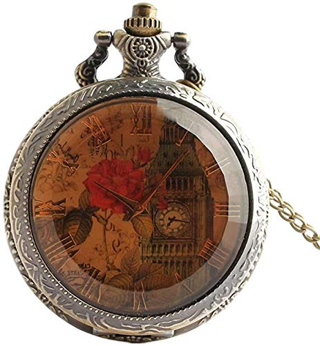 Aeromdale Reloj Clásico de Bolsillo Con Diseño de Flor de Rosa Hoja de Londres Big Ben Número Romano Esfera de Cristal Transparente Movimiento de Cuarzo Collar de Aleación