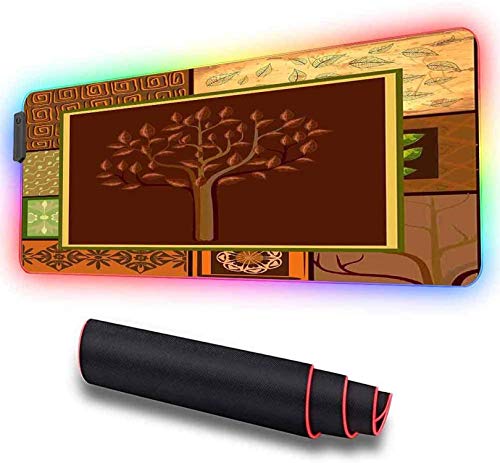 Alfombrilla de ratón RGB para juegos, figura de árbol en hojas con motivos tribales, base de goma antideslizante Alfombrilla de ratón USB para ordenador para jugadores, oficina y hogar 900x400x30mm
