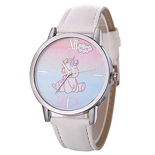 AMIIBO Reloj Unicornio Reloj de Pulsera de Cuero de Imitación Reloj de Cuarzo Muchachas de Las Muchachas Cumpleaños (Blanco A)
