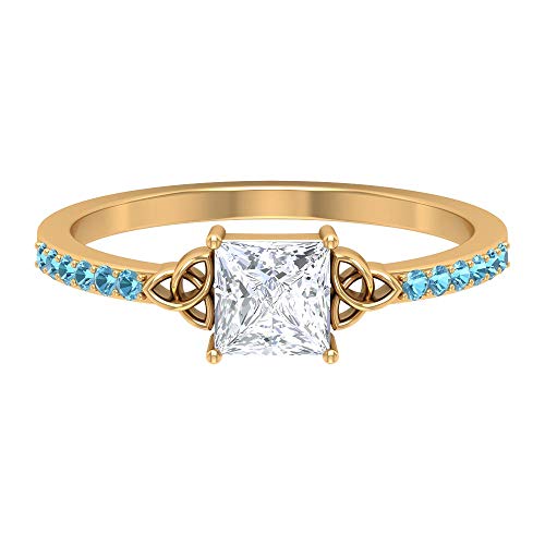 Anillo solitario con piedras laterales, 5 x 5 mm, anillo de diamante de corte princesa, anillo de nudo celta dorado, diamante HI-SI y aguamarina (calidad AAA), 14K Oro amarillo, Size:EU 56