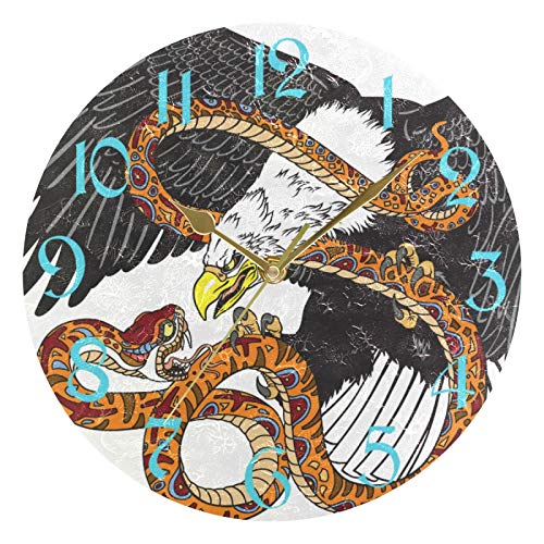 ART VVIES Reloj de Pared Redondo de 10 Pulgadas Que no Hace tictac Silent Gold Pointer Funciona con Pilas Oficina Cocina Dormitorio Decoraciones para el hogar - Eagle Fighting Snake Serpent