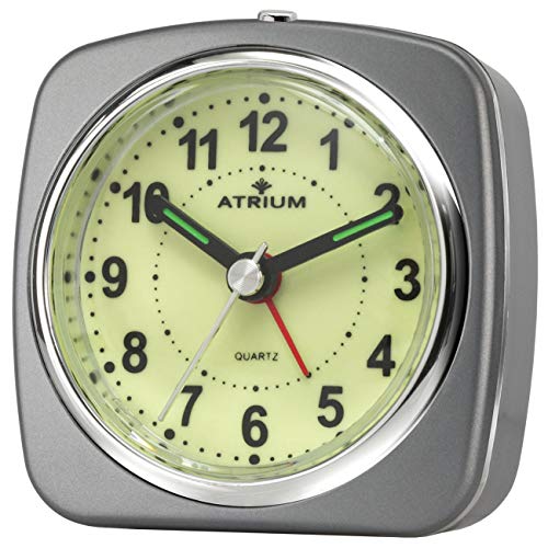 ATRIUM A235-4 - Despertador analógico (cuarzo, sin tictac, luz de repetición, esfera luminosa), color gris y plateado