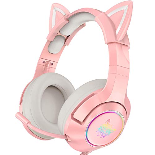 Auriculares para juegos de color rosa con orejas de gato desmontables, adecuados para PS5, PS4, Xbox One (sin adaptador), Nintendo Switch, PC, sonido envolvente, luz LED y micrófono