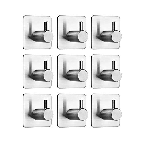 Auxmir 9 Piezas Ganchos Adhesivos, Soporte de Pared para Toallas de Baño, Cocina y Baño, Acero Inoxidable 304, Adhesivo 3M, Plata