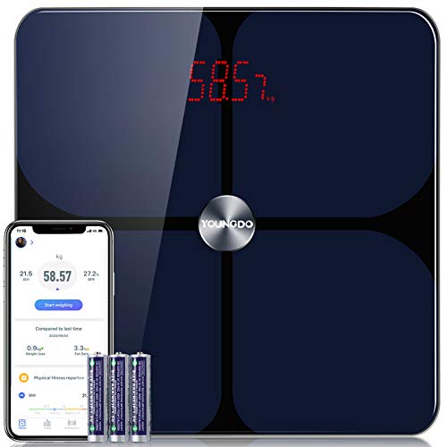 Báscula Grasa Corporal, YOUNGDO Báscula de Baño,999 Usuarios, 23 Medidas Corporales Esenciales, Recubrimiento ITO, Báscula Inteligente Bluetooth, APP inteligente, máx180kg /396lbs /28st, Andriod y iOS Báscula Grasa Corporal, YOUNGDO Báscula de Baño,999 Usuarios, 23 Medidas Corporales Esenciales, Recubrimiento ITO, Báscula Inteligente Bluetooth, APP inteligente, máx180kg /396lbs /28st, Andriod y iOS