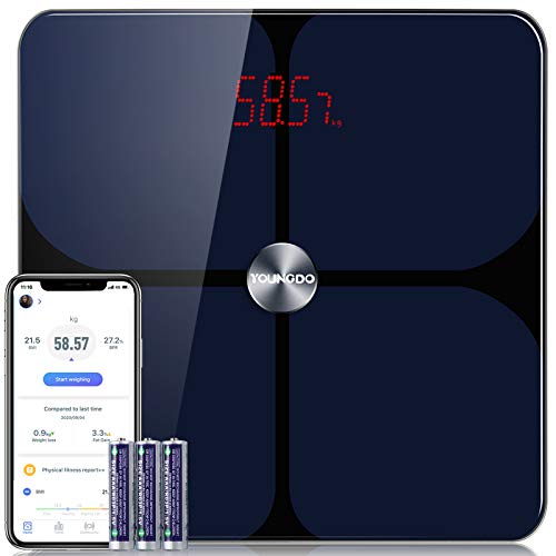 Báscula Grasa Corporal, YOUNGDO Báscula de Baño,999 Usuarios, 23 Medidas Corporales Esenciales, Recubrimiento ITO, Báscula Inteligente Bluetooth, APP inteligente, máx180kg /396lbs /28st, Andriod y iOS