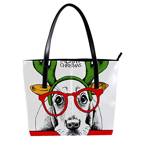 Basset Hound Dog in Antler and Red Glasses - Bolso de piel sintética para mujer, con asa superior Basset Hound Dog in Antler and Red Glasses - Bolso de piel sintética para mujer, con asa superior