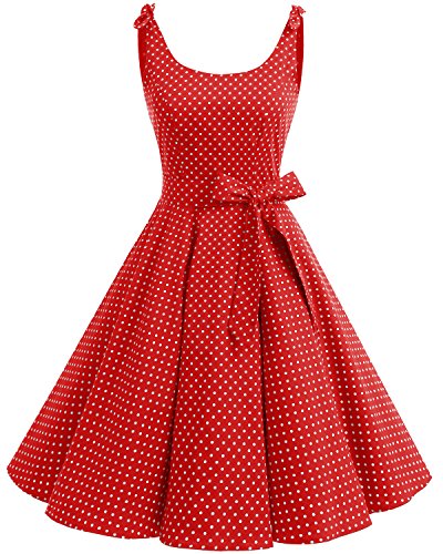 Bbonlinedress Vestidos de 1950 Estampado Vintage Retro Cóctel Rockabilly con Lazo Red White Dot XS