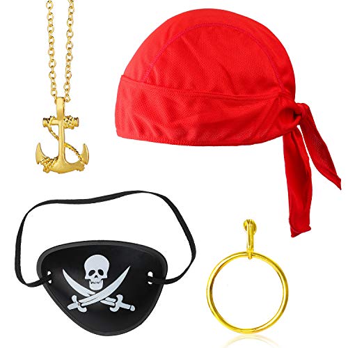 Beelittle 4 Piezas Captain Pirate Costume Set de Accesorios Doo Rag Skull Cap Pirate Eye Patch Gold Earrring Necklace Halloween Pirate Accessories Kit (C)
