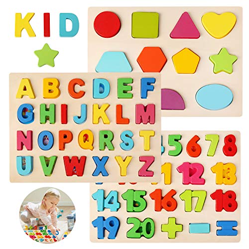 BelleStyle Puzzles de Madera, Colorido Alfabeto ABC Cartas Números Formas Madera Puzzles Rompecabezas Tablero Juego Jigsaw Bloques Juguetes Montessori - Temprano Juguete Educativo para Niños Bebé