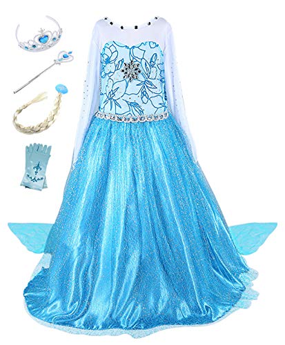 Beunique Niña Vestido de Princesa Elsa Frozen Vestido de Disfraz Accesorios Corona Varita Mágica Cosplay Reino de Hielo Navidad Regalo Halloween Carnaval Vestido de Noche