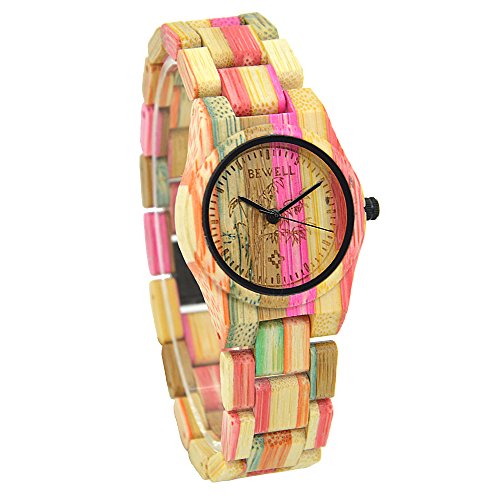 Bewell Reloj de Madera de Las Mujeres Hechas a Mano Reloj analógico de Cuarzo de Peso Ligero de bambú 105DL (Mezcla de Color 2)