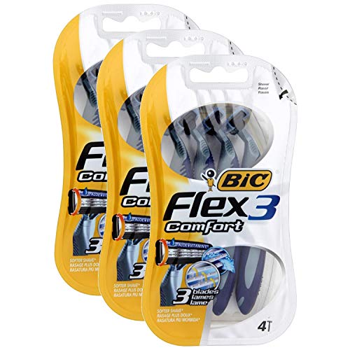 BIC – Lote de 3 Blisters 4 afeitadora corporal Flex 3 Comfort 3 cuchillas móvil de cabeza + banda lubrificante